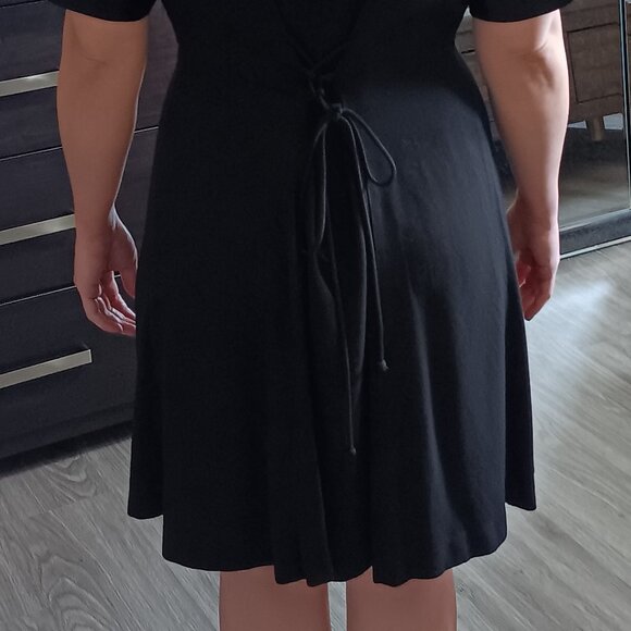 Vintage Black Tuxedo Mini Dress Corset Lace-Up Back Goth 80s 90s Emblem Petites - Picture 4 of 6